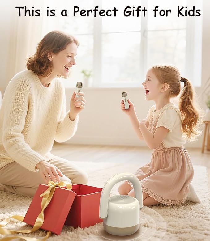 EWA Portable Mini Metal Karaoke Machine, Bluetooth Karaoke Speaker with 2 Wireless Microphones, Ideal Gifts for Girls Boys Family Home Party Birthday Christmas Toys Gifts-(Beige)