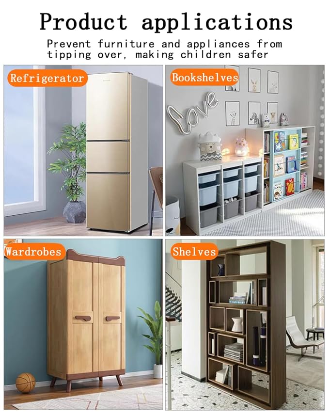 Furniture Anchors 2 Pairs No Drill Heavy Duty Anchors Fridge Lock Adjustable Self-Adhesive Safety Anti Tip Straps for Baby Proofing 220lbs Tension Earthquake Resistant Metal Straps Prevent Falling