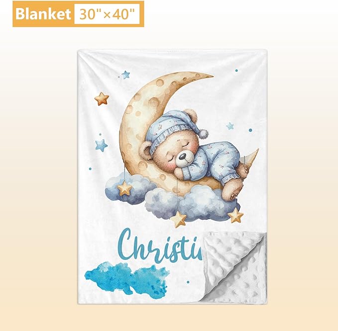Personalized Baby Bedding Set, 5 Pcs Custom Baby Crib Sets with Name, Toddler Bedding Set for Baby Girls Boys, Blue Bear Double Layer Nursery Bedding Set, Customized Gifts for Infants Kids