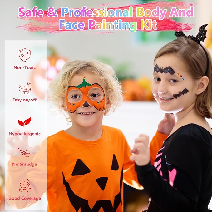 Halloween Face Painting Kit, 42 Color Non-Toxic Water Face Paint Kit with Brushes Gems Stencils, Professional Face Paint for Party, Creative Activity, Birthdays, Halloween Christmas Makeup Kit