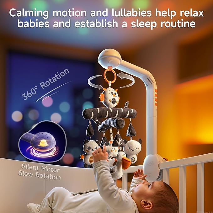 TUMAMA Baby Crib Mobile, High Contrast Baby Crib Toy with Projection Night Light, Music and White Noise, Soft Plush Animal Black and White Hanging Toy for Infant 0 3 6 9 Months Newborn Gift