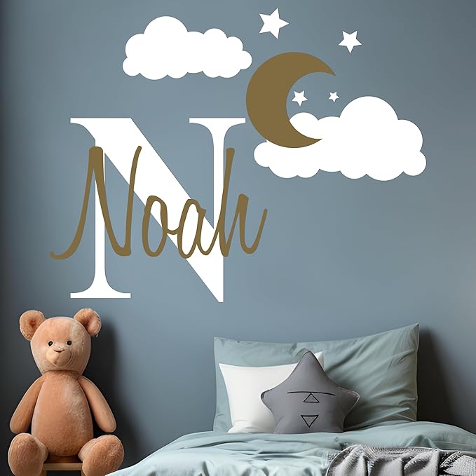 e-Graphic Design Inc Clouds Wall Decals Moon and Stars Custom Name Baby Room Decor Personalized Moon, Stars, Murals (22" x 17")