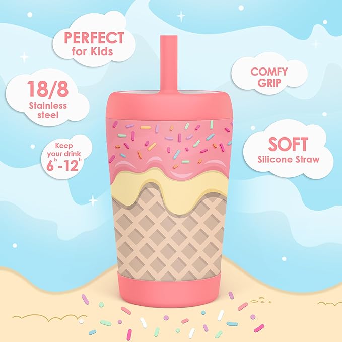 Kid Insulated Stainless Steel Tumbler with Silicone Straw, 12oz Sippy Cup for Kids (Sweet Ice Cream)