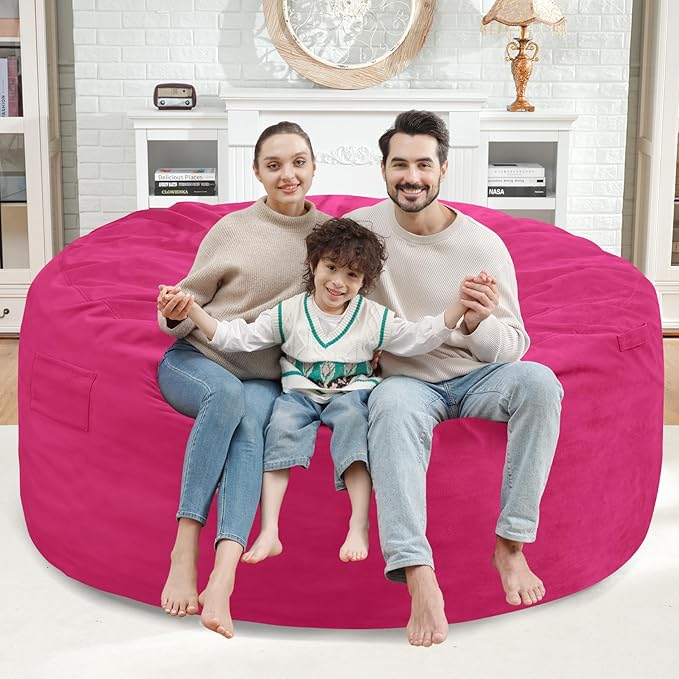5FT Bean Bag Chair, Large Bean Bag Chairs with Memory Foam Filled, Fluffy Beanbag Sofa with Dutch Velvet Cover, Round BeanBag Chairs for Living Room, Playroom - Pink