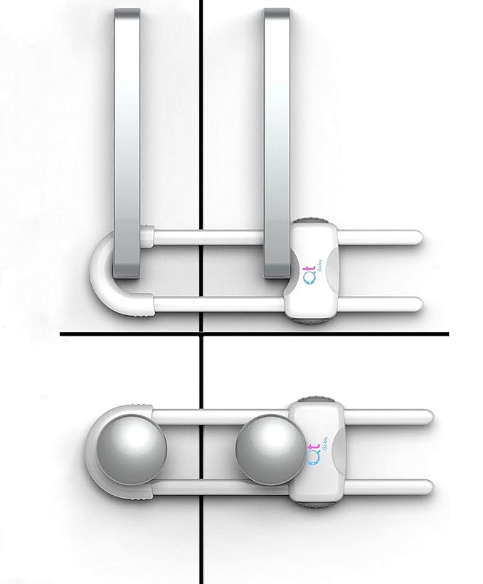 Baby Proofing Cabinet Locks | Adjustable U Shaped Baby Safety Latches for Drawers, Fridge, Closet |Modern Baby Proofing Cabinet Lock with Extra Secure Lock Buttons (Pack of 2, White)