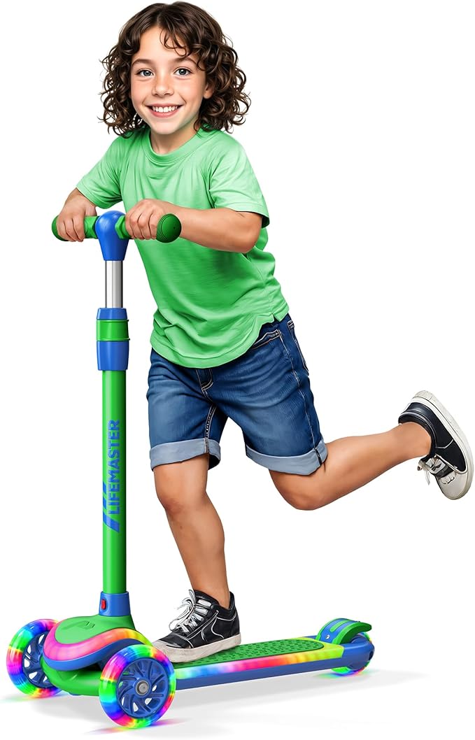3-Wheel Kids Scooter with Multi-Color Lights on Deck & Wheels – 5-Height Adjustable Handlebar, Wide Anti-Slip Deck, Child Safety Certified, Boys & Girls Ages 3+ Supports Up to 150 lbs