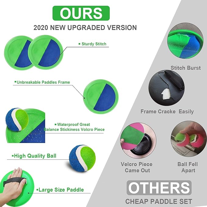 Jalunth Ball Catch Set Game Paddle - Beach Toys Back Yard Pool Outdoor Games Backyard Camping Throw Catch Toss Age 3 4 5 6 7 8 9 10 11 12 Years Old Boys Girls Kids Adults Family Outside Easter Gifts