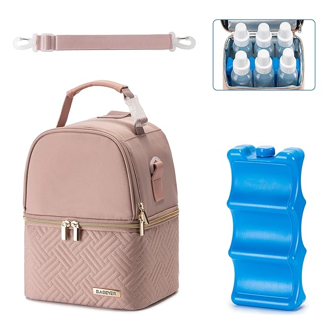 Breastmilk Cooler Bag with Ice Pack Fits 6 Baby Bottles up to 9 Ounce, Breast Milk Pump Cooler Bag with Shoulder Strap for Nursing Mom Daycare, Work, Travel- Pink