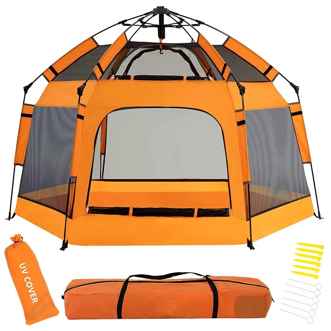 Baby Pop Up Playpen with Canopy, Pop Up Baby Pop Up Tent with Safety Lock, Portable Toddler Play Yard with Travel Bag, 6 Ground Stakes, 6 Sand Stakes