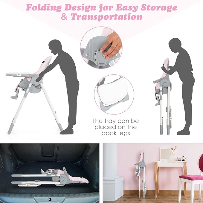 INFANS High Chair for Babies & Toddlers, Foldable Highchair with Multiple Adjustable Backrest, Footrest and Seat Height, Removable Tray, Detachable PU Leather Cushion, Built-in Rear Wheels (Pink)