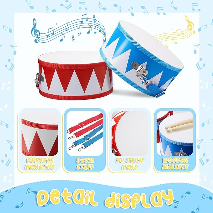 Boao 2 Pcs Kids Drum Set, 8 Inch Toddler Drum Wooden Toy with Adjustable Strap and 4 Drumsticks, Educational Sensory Musical Instrument for Toddlers Kid Baby Boys Girls Gift (Flag)