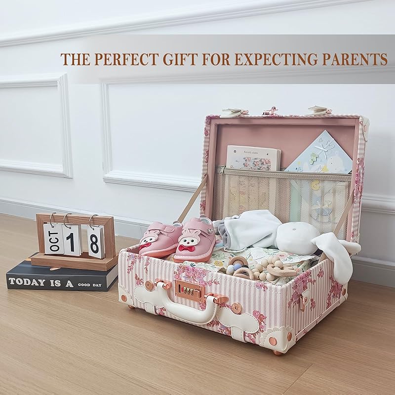 Unitravel Baby Keepsake Case, 16" Handmade Memory Storage Box, Newborn Keepsake Box, Vintage Suitcase for Baby Shower, Baptism, Naming Ceremony or Birthday (floral)