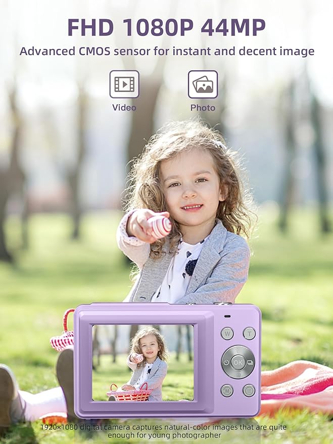 Digital Camera FHD 1080P, Camkory Kids Camera 44MP Point and Shoot Digital Cameras with 32GB Card, 16X Zoom, Two Batteries, Lanyard, Compact Small Camera Gift for Kids Boys Girls Students, Purple