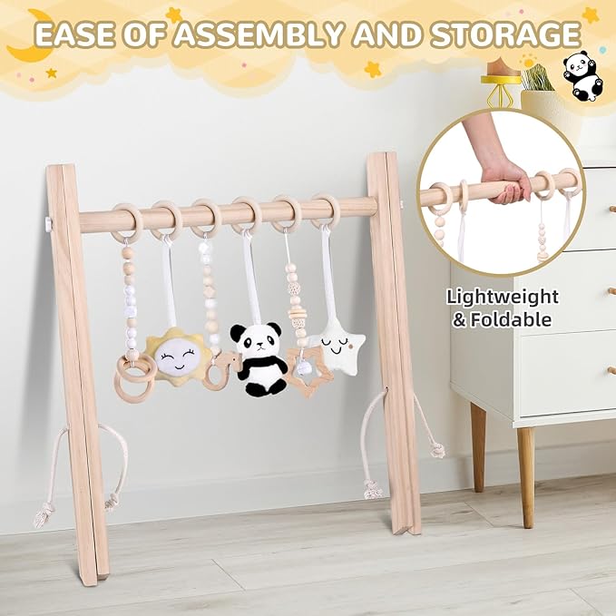 Baby Play Gym with Mat – Wooden Montessori Gym for Newborns 0-12M,Natural Pine Wood with 6 Sensory Toys,Foldable & Portable (Koala)