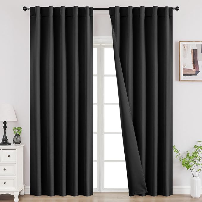 Joydeco Black Blackout Curtains 84 Inch Length 2 Panels Set, Thermal Insulated Privacy Curtains for Bedroom, Room Darkening Drapes for Living Room Window (W52 x L84 Inch, Black)