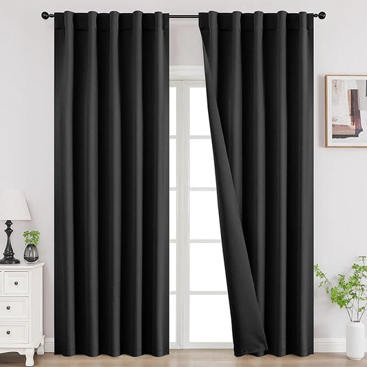 Joydeco 90 Inch Blackout Curtains for Bedroom, Thermal Insulated Black Out Curtains 2 Panels Set, Room Darkening Drapes for Living Room Window Rod Pocket Back Tab (W52 x L90 Inch, Black)