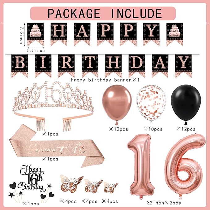 16th Birthday Decorations for Girls - 56pcs Rose Gold Happy 16th Banner, 16th Birthday Crown Sash, Cake Topper, Number 16 balloons, 3D Butterflies, 4 Balloon Stands kits