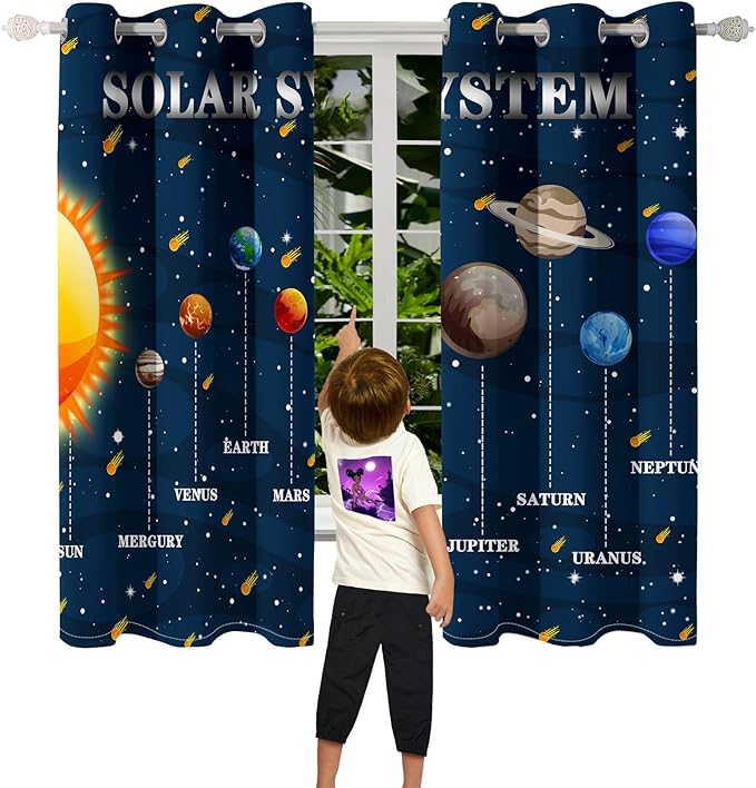 Outer Space Curtains for Boys - 2Pcs 82" x 63" Solar System Print Curtain Panels for Boys Bedroom Planets Galaxy 95% Blackout Grommet Top Window Drapes for Living Room