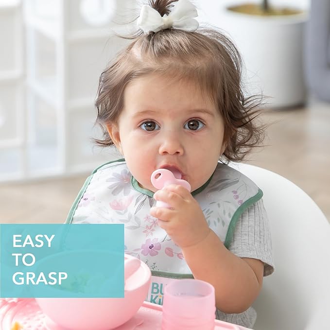 Bumkins Baby Utensils Set, Chewtensils Silicone Spoons for Dipping, Self-Feeding, Baby Led Weaning, Trainer Learning, First Stage Eating, Soft Practice Fork and Spoon, Babies 6 Months, Pink