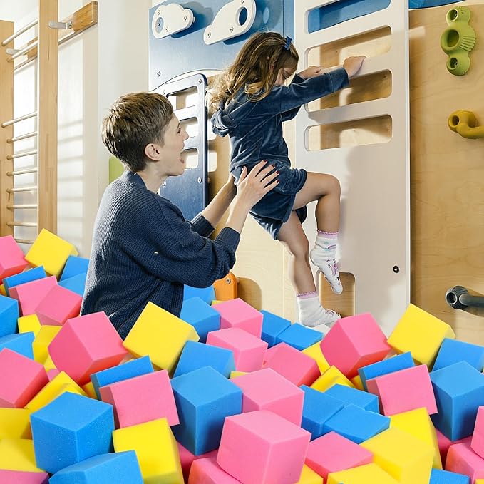 Foam Pit Cubes - 36 PCS 5 Inches Gymnastics Foam Blocks Trampoline Blocks, Multi-Sport Protective Padding for Gymnastics, Trampoline, Parkour, Skate Parks & BMX- Pink & Yellow & Dark Blue