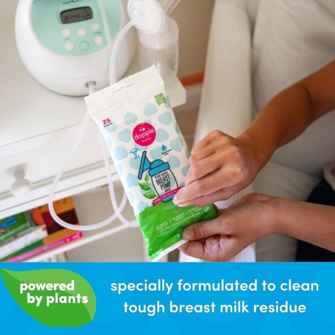 Breast Pump Wipes by Dapple Baby, Hypoallergenic & Powered by Plants, Removes Milk Residue, Leaves No Taste, Convenient Wipes Pouch, Fragrance Free, 25 Count (Pack of 1)