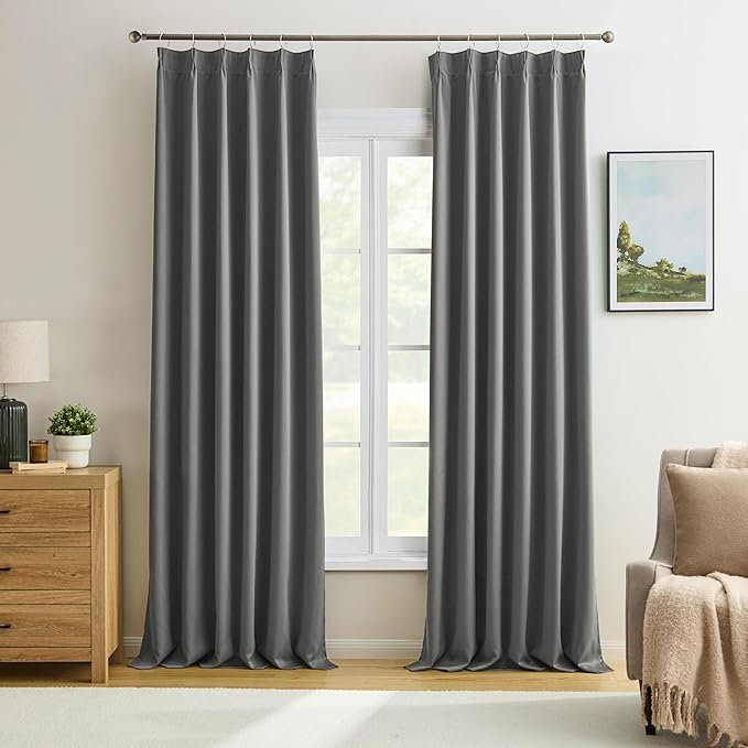 KEQIAOSUOCAI Grey Pinch Pleat Curtains & Drapes 156 Inches Long 2 Panels Set, Privacy Darkening Sound Dampening Window Treatment for Bedroom Vertical Draft Blackout Blinds for Living Room 40 by 156