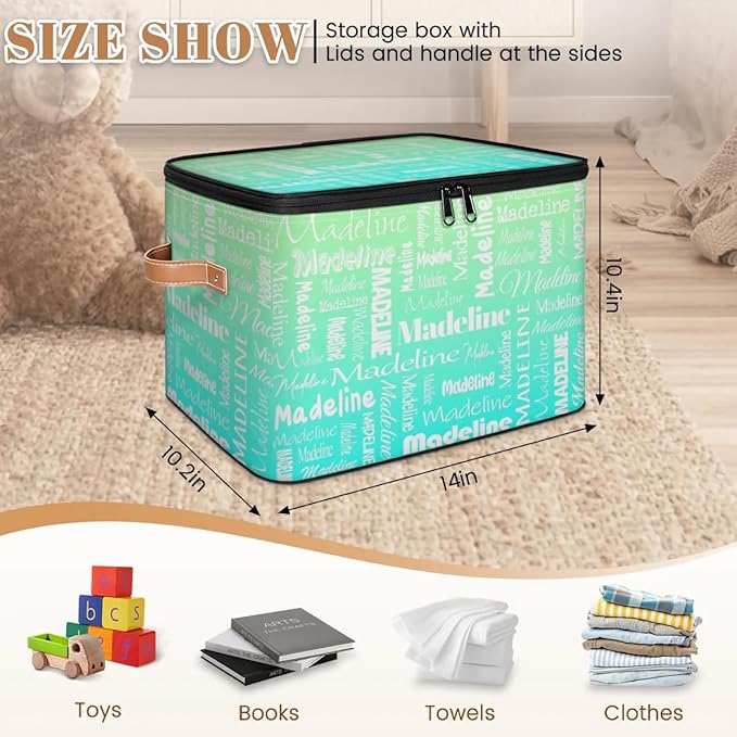 Custom Storage Basket with Name, Personalized Storage Bins with Zipper Lid, Foldable Fabric Storage Box Large capacity with Handle Green Blue