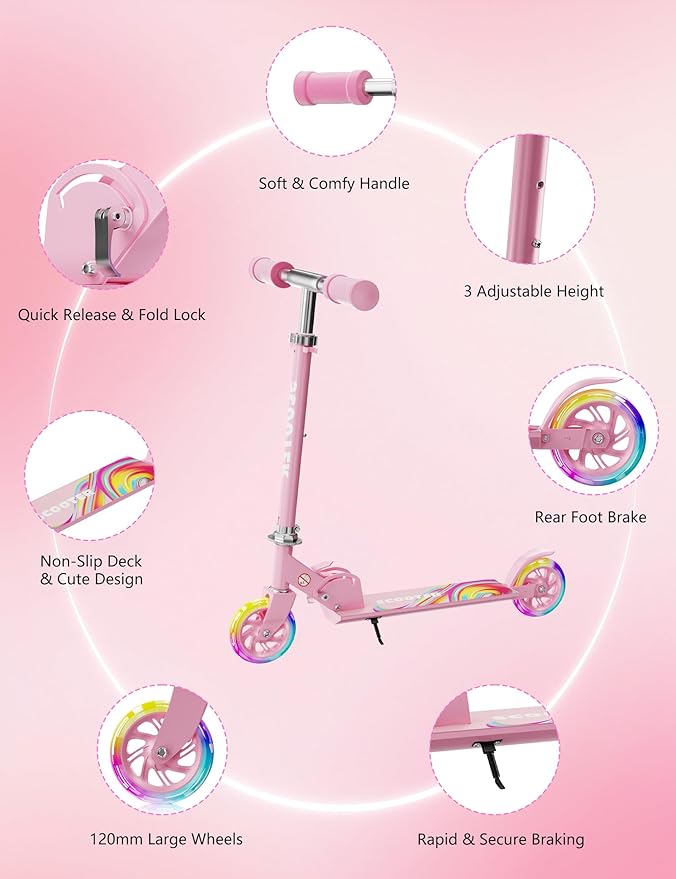 Scooter for Kids Ages 3+, 2 Wheels Kids Kick Scooter with Led Light Up & 3 Levels Adjustable, Lightweight Foldable for Boys&Girls
