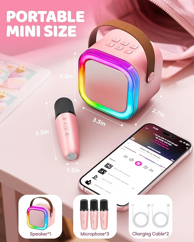 IROO Mini Karaoke Machine for Kids, 2025 TOP Toys Birthday Gifts Ideas for Girls Ages 4, 5, 6, 7, 8, 9, 10, 12+ Years Old, Portable MP3 Player with 3 Wireless Mics for Party