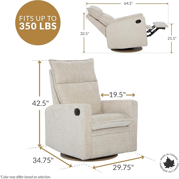 Jaymar Arya Modern Nursery Glider Recliner Chair – Cozy Nursing Chair with 360° Swivel for New Parents, Gentle Motion, Compact Design, High Back & Low Armrests, Canadian Made (Ivory/Nubia Fabric)