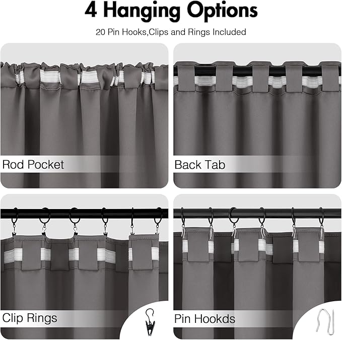 ANRODUO Back Tab Blackout Curtains for Bedroom Living Room, Rod Pocket Pinch Pleated Thermal Insulated Room Darkening Curtains 90 Inches Long 2 Panels, Grey, 52 x 90 Inch