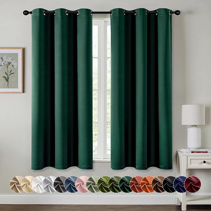 MIULEE Hunter Green Blackout Curtains for Bedroom Living Room 63 Inches Long 2 Panels, Thermal Insulated Room Darkening Drapes Solid Grommet Noise Reduction Emerald Green Christmas Curtains 40x63 Inch