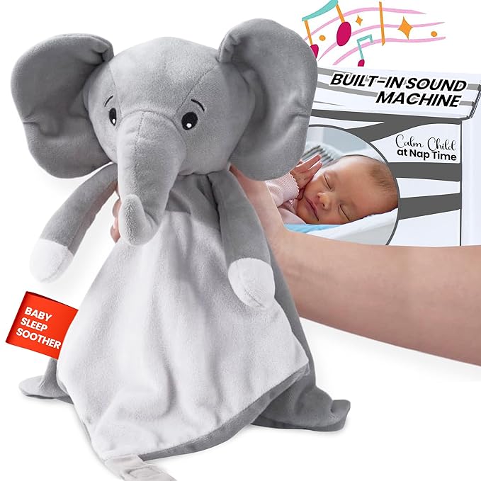 Love By Emi Baby Music Lovey Grey Elephant, Baby Sleep Soother for Crib & Cuddle Bedtime, White Noise with a Heartbeat & Lullaby, Plush Sound Toy, Stuffed Animal for Newborns, Infants & Toddlers