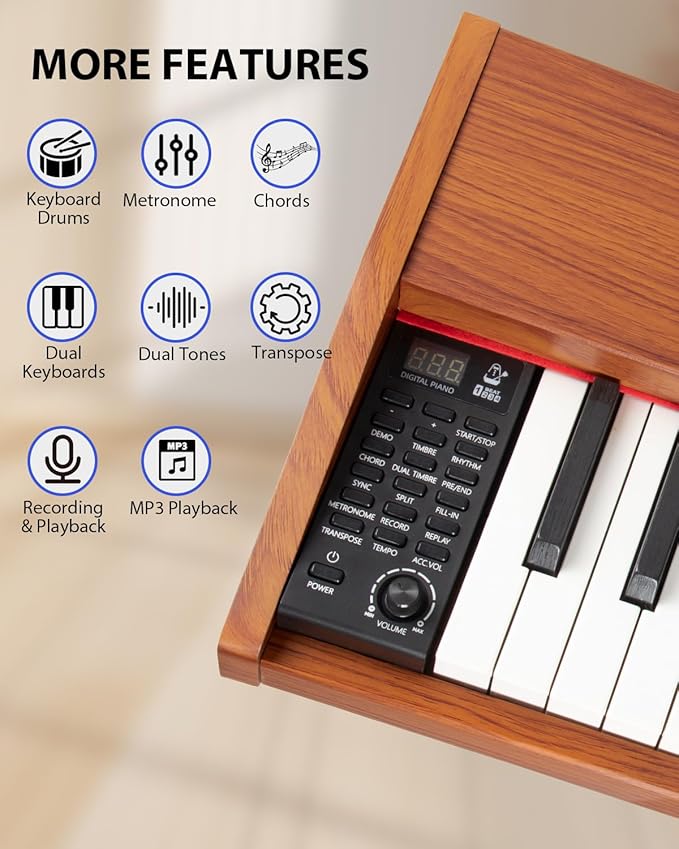 88 Key Digital Piano Keyboard for Beginners - Full Size Semi Weighted Wooden Electric Piano Set with Stand, Triple Pedal, Headphone,Carry Bag - Supports USB-MIDI Connecting (Wood Grain Brown)