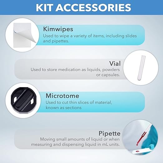 AmScope Microscope Slide Preparation Kit - Includes Blank Microscope Slides, Eosin Red & Methylene Blue Stain Powders, Tweezers, Swab & More - 22-Piece Kit