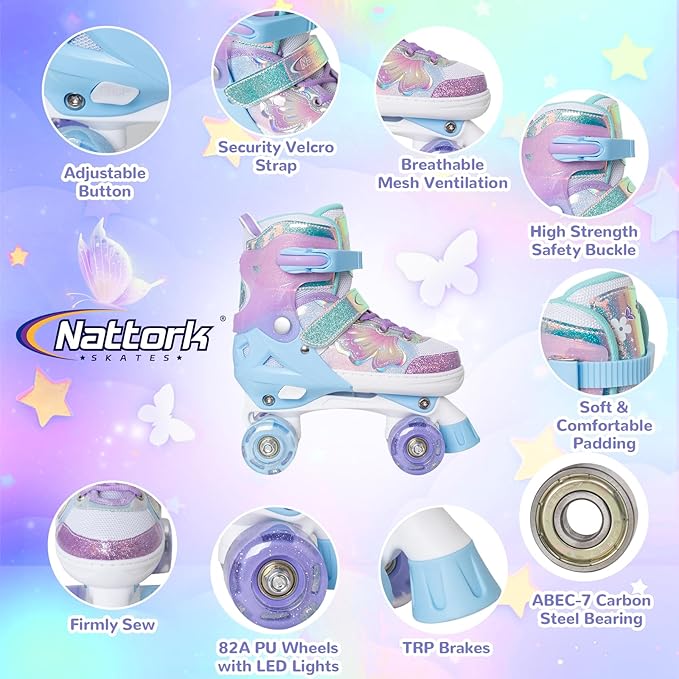 Nattork Kids Roller Skates for Girls Boys Kids, 4 Sizes Adjustable Quad Skates Butterfly and Flower with All Light up Wheels - Birthday Gift for Indoor Outdoor Sports
