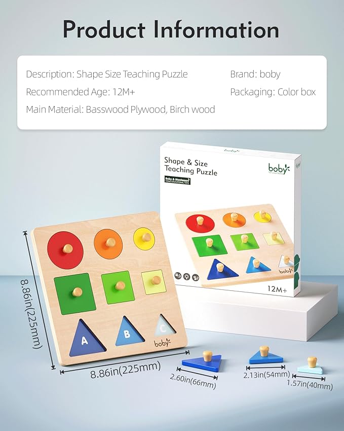 Boby Montessori Puzzles for Babies 12-18-24 Months, Wooden Jumbo Knob Peg Puzzle Shape sorter for Toddlers 1-3 Year Old, Early Learning Sensorial Toys (Shapes & Size Sorting Puzzle)