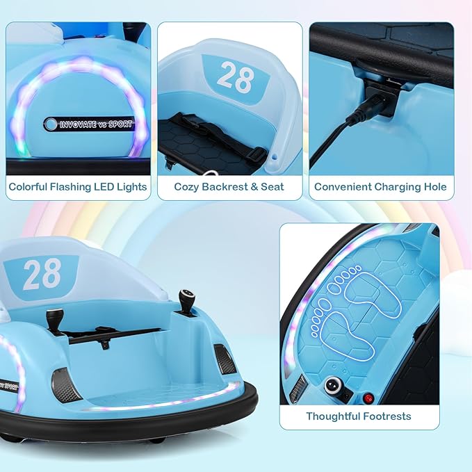 GLACER 12V Bumper Car, Electric Kids Bumper Car w/Parental Remote, 3-Speed, 360°Spin, Music, LED Light, Battery Ride on Bumper Car w/Dual Joysticks, Baby Bumper Car for Toddlers 18 Months+ (Blue)