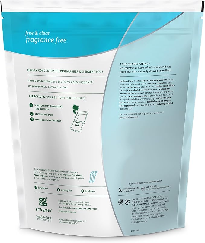 Grab Green Automatic Dishwashing Detergent Pods, 60 Count, Fragrance Free, Plant and Mineral Based, Superior Cleaning, Powerful Grease Removal, Brilliant Shine