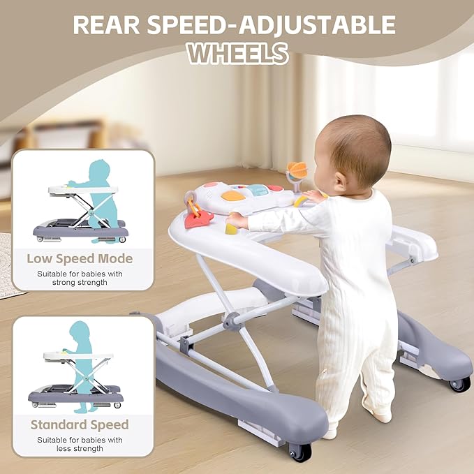 Foldable Baby 5-in-1 Activity Walker - Rocker, Activity Center, Bouncer, Seat, Push Walker - Adjustable Speed Rear Wheels and Height Toys Ages 6-18 Months (Grey)