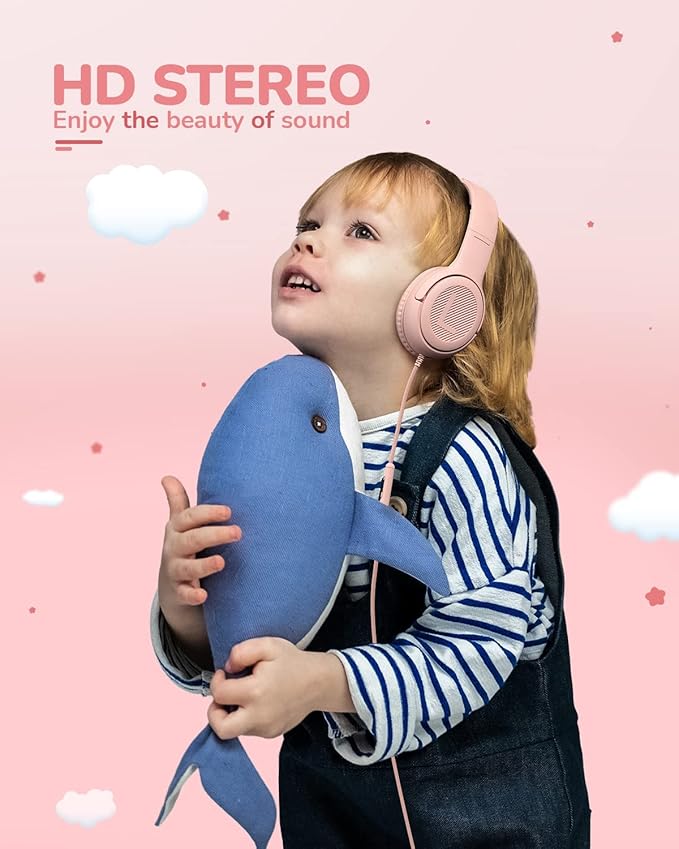 Kids Headphones with Microphone Foldable Stereo Tangle-Free 3.5mm Jack Wired Cord On-Ear Headset for Children/Teens/Boys/Girls/Smartphones/School/Kindle/Airplane Travel/Plane/Tablet (Pink)