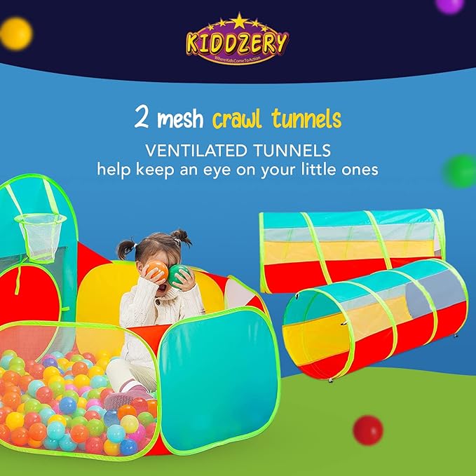 5pc Kids Play Tent for Toddlers with Ball Pit, Crawl Tunnel, Indoor & Outdoor Playhouse, Jungle Gym, Toys for Boys & Girls, Includes Dart Balls, Teepee & Basketball Hoops, (with 50 Balls)