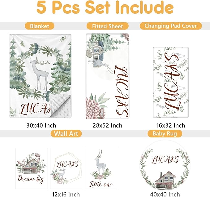 Personalized Baby Bedding Set - 5 Pcs Custom Toddlers Bedding Set with Infant Name - Soft Double Layer Nursery Crib Set for Girls Boys - Customized Infant Gifts for Baby Shower - Forest Deer