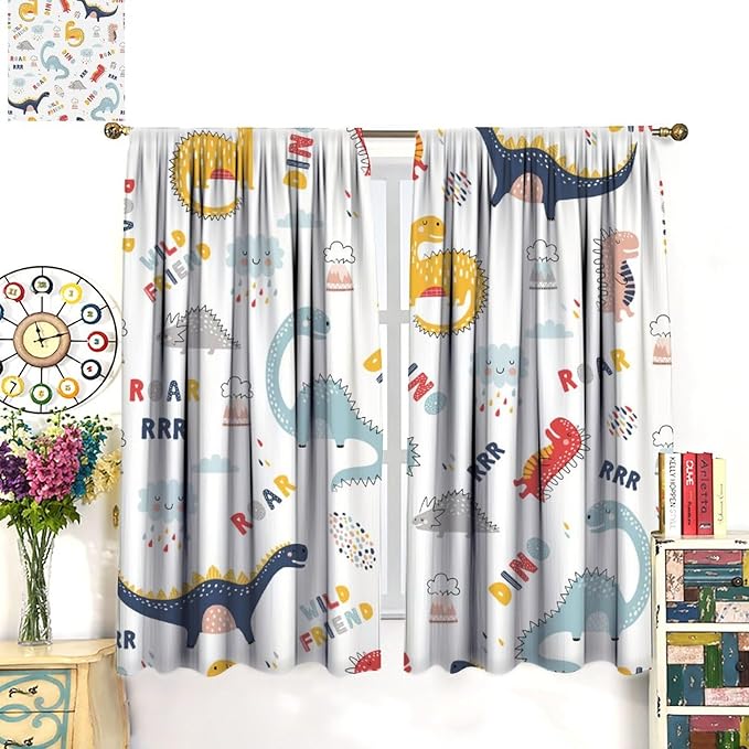 Cartoon Dinosaur Curtains for Kids Boys Girls Home Decor Colorful Cute Dino Animals Print Pattern Rod Pocket Blackout Window Drapes for Nursery Baby Bedroom Playroom W26xL84in 2 Panels