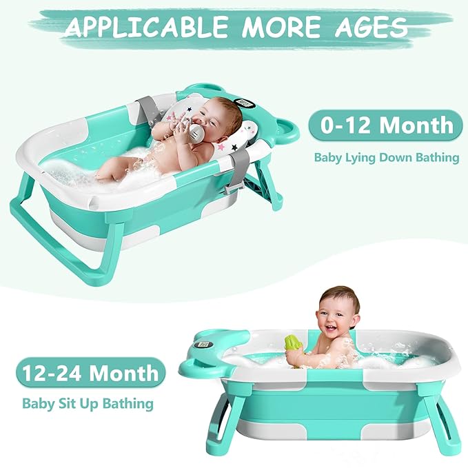 MoreFeel Collapsible Baby Bathtub for Newborn with Thermometer & 1 Hooded Towel & 1 Soft Floating Cushion,Portable Travel Bathtub with Drain Hole, Durable Foldable Baby Tubs for Infants to Toddler
