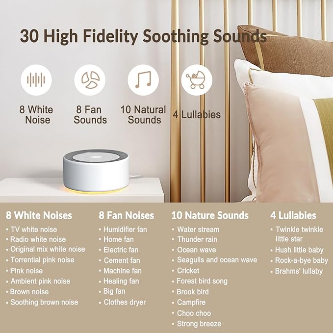 Kipcush White Noise Sound Machine with Nursery Lamp, Mood Lighting, 7 Colour Night Light, 30 Soothing Sounds for Baby/Adult. Timer, Plug in, Memory Function, Touch Control