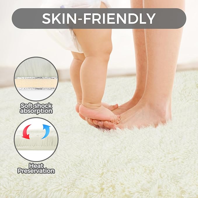 Ultra Soft Rug for Living Room, 8X10 Fluffy Shag Area Rug for Bedroom, Modern Shaggy Carpets Fuzzy Rug for Teens Dorm Nursery Home Decor Aesthetic, Upgrade Anti-Skid Durable, Cream White