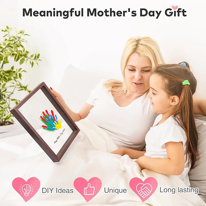 Family Handprint Kit, Hand Prints Keepsake Frame, DIY Craft Gift for New Parents & Mom & Baby, Grandparents, Mother's Day, Father's Day, Adoption Day, Anniversary, 6 Non -Toxic Paints (Walnut)
