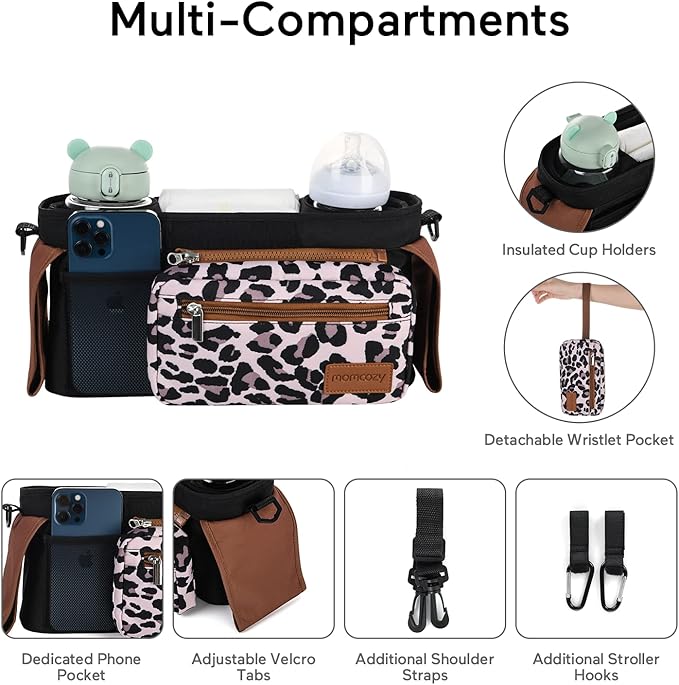 Momcozy Universal Stroller Organizer with Insulated Cup Holder Detachable Phone Bag & Shoulder Strap, Fits for Stroller like Uppababy, Baby Jogger, Britax, BOB, Umbrella and Pet Stroller
