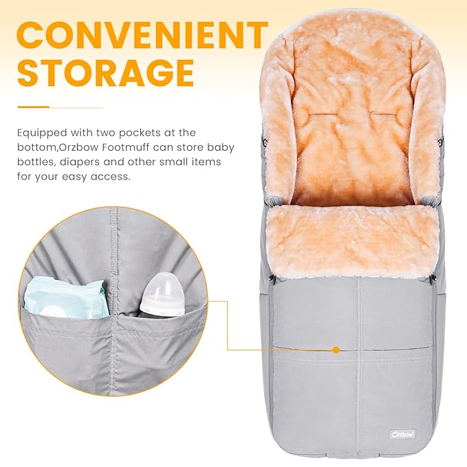 Orzbow Stroller Footmuff Universal | Faux Wool Baby Bunting Bag | Warm, Weather-proof, Adjustable Buckles | Winter Stroller Blanket Cover | Baby Sleeping Bag for Cold Weather Accessories, Light Gray